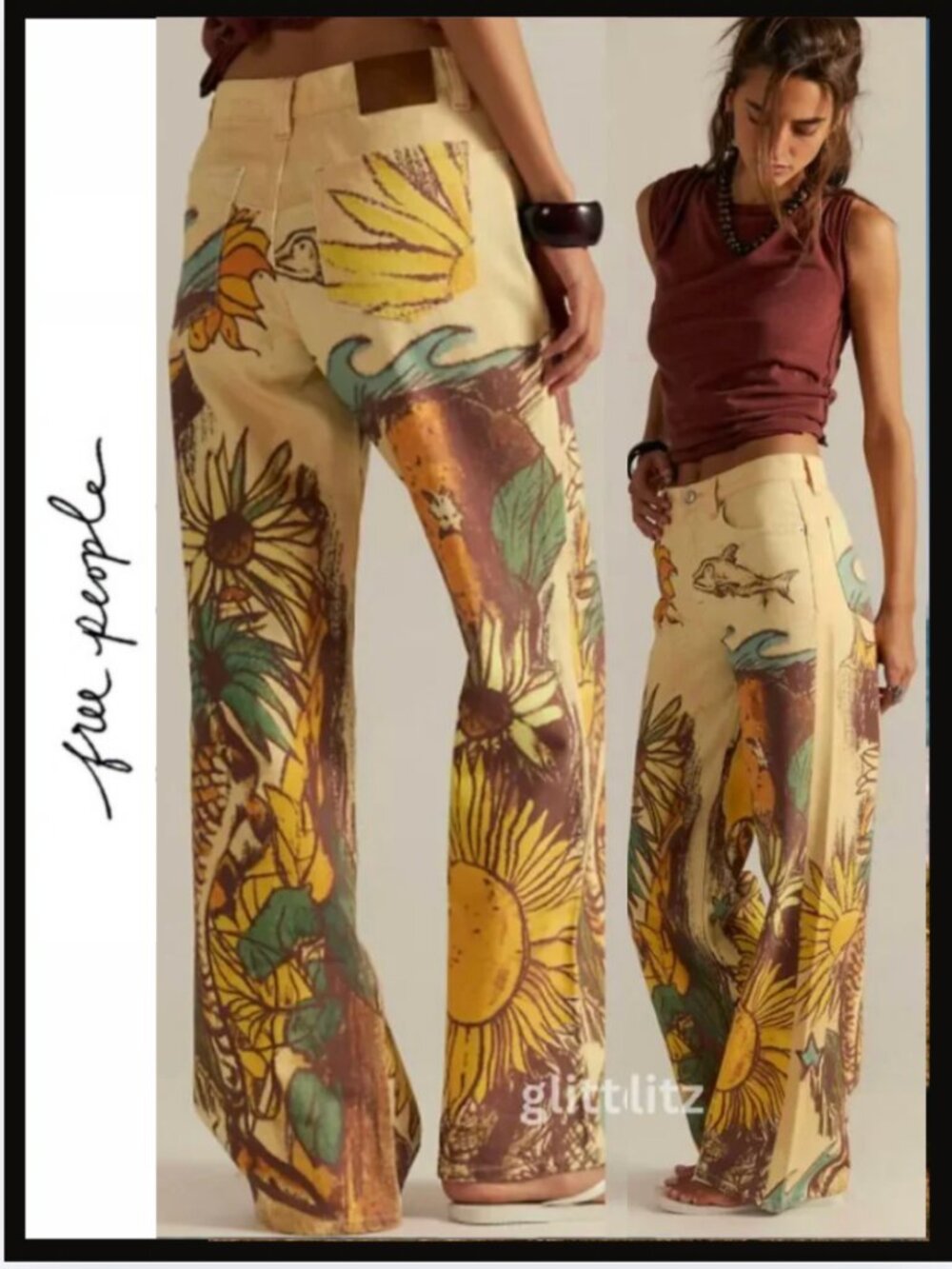 Free People We The Free Tinsley Printed Jeans “Beach Scene” - Picture 1 of 15